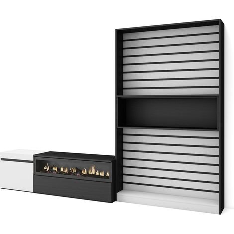 Skraut Home - Ensemble Meuble TV, Meuble Salon Complet, 260x186x35cm, Pour les TV jusqu'à 65", Cheminée électrique, Style moderne, Blanc et noir (1/5)