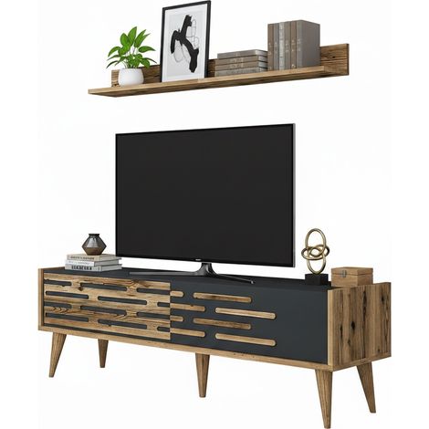 Dmora - Fernsehschrank Achernar, Ständer für Wohnzimmerfernseher, Niedriges Wohnzimmer-Sideboard, TV-Ständerbasis, 140x45h35 cm, Walnuss und Anthrazit, mit verstärkter Verpackung