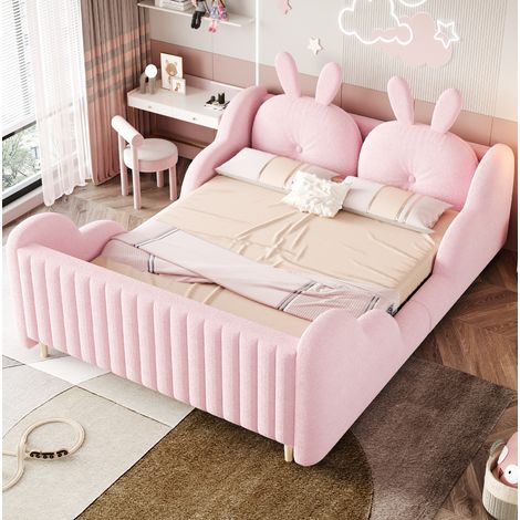 Lit rembourré lapin 140x200 cm tissu teddy rose, tête de lit avec coussins amovibles et côtés nuage (1/5)