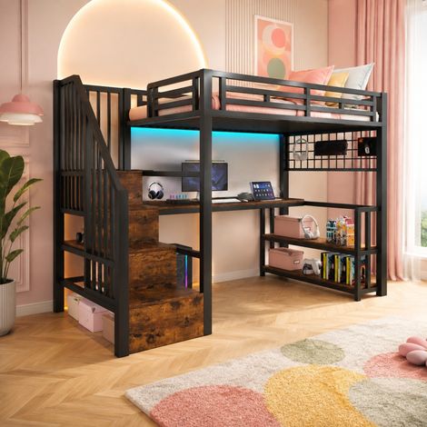 Lit mezzanine 90x200 cm noir en métal avec bureau, rangement, LED et ports USB (1/5)