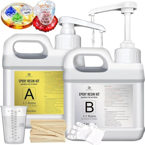 Résine Époxy - 2.4L / 2.7kg Resin Epoxy Sans Bulles Transparente avec Pompe pour Art en Résine, Dessus de Table, Fabrication de Bijoux - Résine de Moulage Ration 1:1 pour Revêtement, Coaster, Bois (1/5)