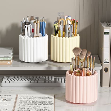 1 Porte-stylo rotatif - Organisateur de bureau à 5 compartiments pour stylos, crayons et fournitures - Boîte de rangement grande capacité pour bureau/domicile/maquillage, Couleur Blanche (1/5)