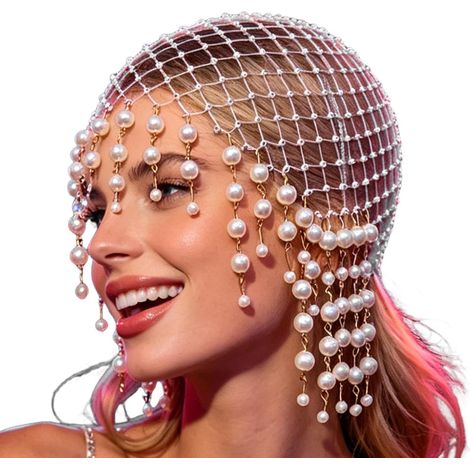 Chaîne de tête avec pampilles en perles – Petite casquette style vintage, filet à cheveux à franges artificielles creuses, bijoux de photographie de mariage, maille rétro pour femme (1/5)