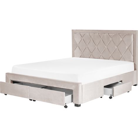 Cama con almacenaje de terciopelo beige 160 x 200 cm cajones cabecero alto capitoné glamuroso Lievin