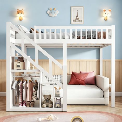 Lit Mezzanine 90x200 cm pour 1/2 places, Lit Superposé Enfant avec escalier de rangement, Cadre de lit Multifonctionnel avec Sommier à Lattes en Bois Massif, Blanc