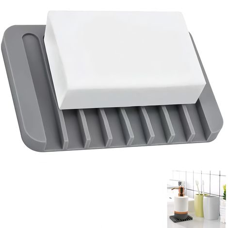 Porte-savon en silicone souple, antidérapant, avec drainage naturel, idéal pour salle de bain et cuisine, pour savon, éponges et petits objets (Gris)