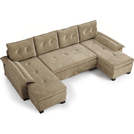 Sofá cama en U de 278 cm con cama extraíble de chenilla color camel MODENUIT (1/5)