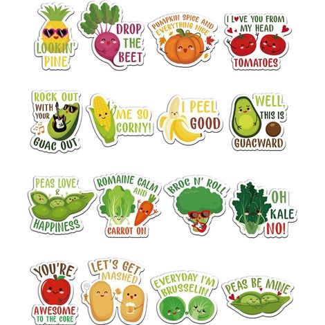 Lot de 16 aimants humoristiques pour réfrigérateur - Jeux de mots sur les légumes et les fruits - Aimants décoratifs véganes pour réfrigérateur, bureau, école, tableau blanc - Adultes