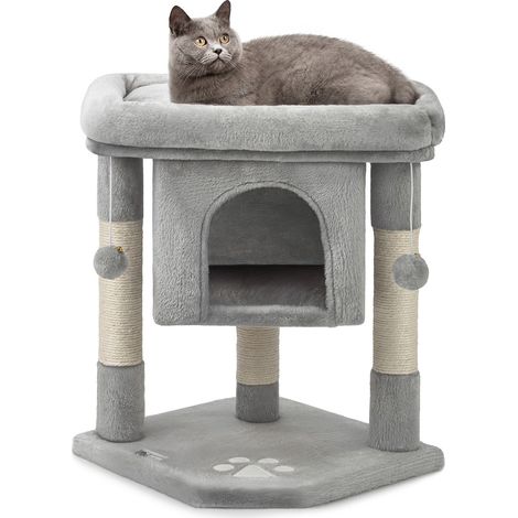 lionto Kratzbaum für Katzen 60 cm, mit Kuschelhöhle, Plüschbällen & robusten Sisalstämmen, platzsparend & modern, hellgrau