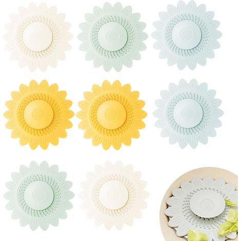 Colador de fregadero de 8 piezas, filtro para ducha y cabello, diseño de girasol, 4 colores, doble filtración, protector de fregadero, apto para fregaderos, baños y cocinas (1/5)