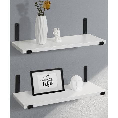 Étagères Murales Décoratives en Bois Blanc, Design Moderne, Lot de 2, Équerres métalliques noires, pour livres, plantes, cadres photo et décoration, salon, chambre, cuisine et salle de bain (1/5)