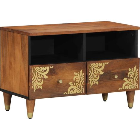 Meuble TV rectangulaire avec rangement design moderne 70 x 33 x 46 cm en bois de mangue massif marron miel