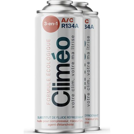 Climeo 3 en 1 – 2 canettes R134a – Réfrigérant écologique avec huile de lubrification et mastic – Compatible R12 et R134a (1/4)