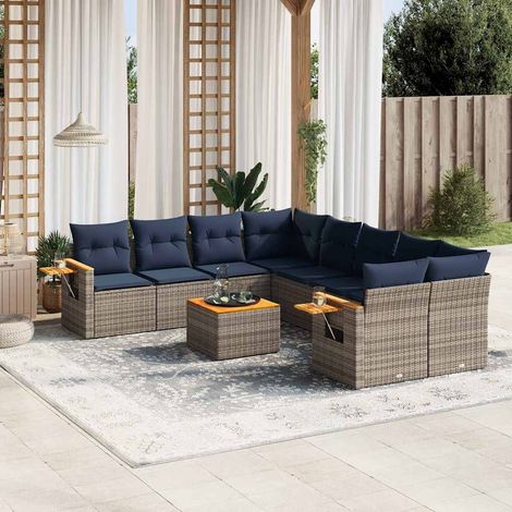 Salon de jardin 9 pièces en résine tressée gris avec coussins bleu marine, 72.4kg - PANGIVO (1/5)