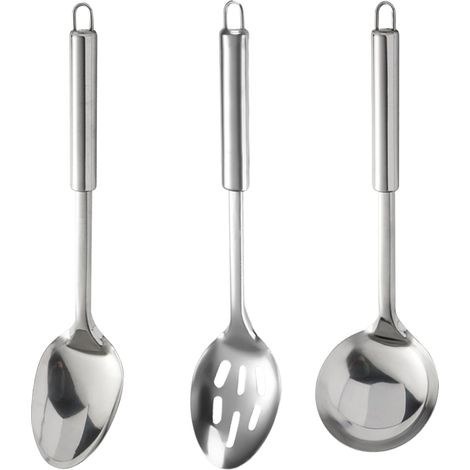 Set di tre cucchiai da cucina in acciaio inox: cucchiaio forato, mestolo per zuppa, cucchiaio da portata ideale per mescolare, soffriggere e servire. (1/5)