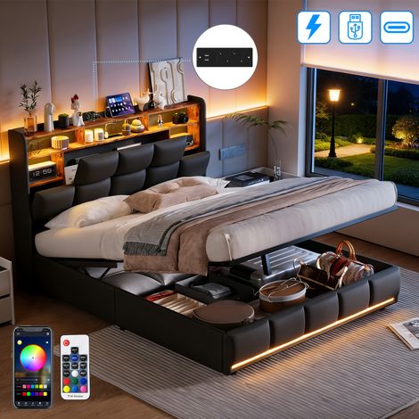 Lit Coffre 140x190 CM - Lit Adulte avec LED intégrée et USB - Lit Double avec Rangement Hydraulique - Tete de Lit avec Rangement de chevet - 2 Personne - PU - Noir (1/5)
