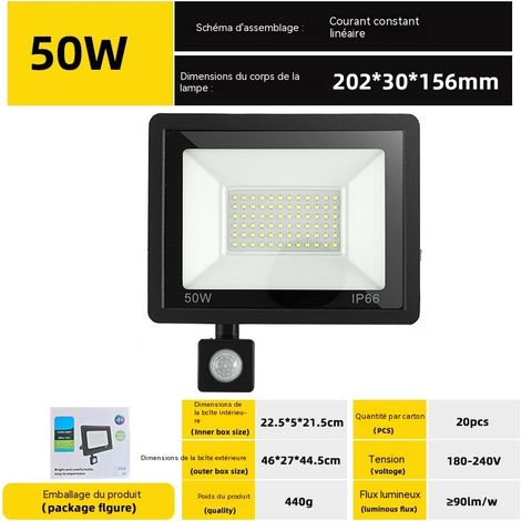 Projecteur LED extérieur 50W 3000K lumière chaude, spot avec détecteur de mouvement infrarouge, étanche IP66, éclairage jardin extérieur (1/3)