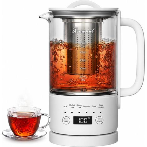 Bouilloire en Verre 0,6L, 500W Contrôle Température, Touche Minuterie 24h, Sans BPA, pour Thé et Café, Compact pour Bureau et Maison, Arrêt Automatique (1/5)