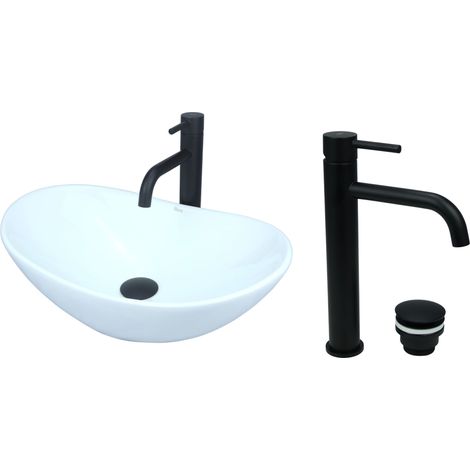 GTM Design Aufsatzwaschbecken 47 cm Glanz Set mit Waschtischbatterie und Stopfen - Aufsatzwaschbecken Oval für Badezimmer - Modernes Waschbecken ohne Hahnloch - Waschbecken mit Armature (1/5)