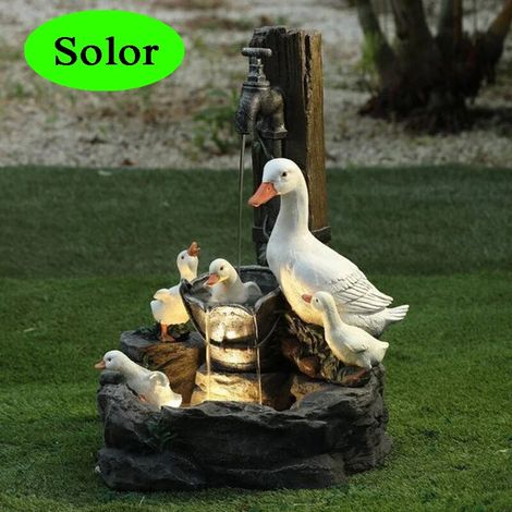 (Option C) Fontaine de jardin solaire en résine en forme de canard et d'écureuil avec éclairage LED, pour terrasse ou jardin extérieur. Décoration de jardin simulée. (1/5)