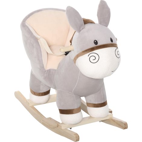 HOMCOM Cheval à Bascule modèle âne Fonction Musicale Selle Grand Confort Peluche Courte Douce Bois peuplier Gris dim. 61L x 34l x 58H cm