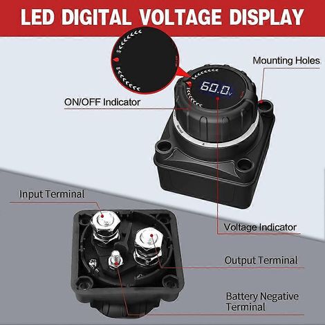 Disjoncteur de batterie avec voltmètre, interrupteur principal de coupure/arrêt, CC 5-60 V, compatible avec les applications marines, automobiles et camions.