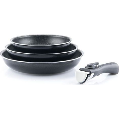 Set de 3 poêles en aluminium 20/24/28 cm – Revêtement anti-adhérent effet pierre – Compatible tous feux dont induction – Poignée amovible – Arthur Martin