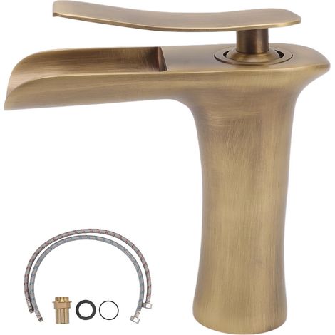 Robinet lavabo salle de bain, cascade laiton vieilli, mitigeur mono-commande, encastrable sous plan, eau chaude froide, robinetterie antique. (1/5)