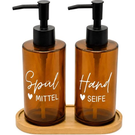 Lot de 2 distributeurs de savon en verre marron - 320 ml - Design rétro - Tête de pompe noire mate avec plateau - Texte manuscrit - Distributeur de savon manuel - Pour cuisine, salle de bain (1/5)