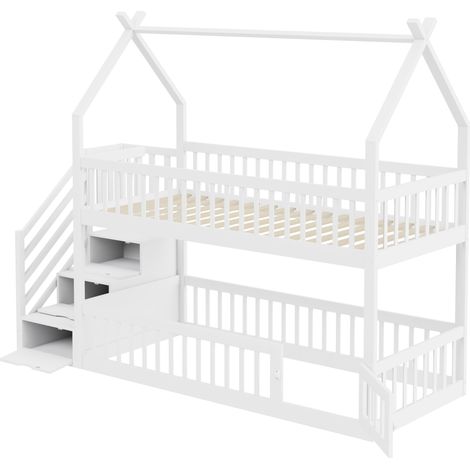 Lit superposé enfant 90 x 200 cm avec toit, escalier de sécurité et tiroirs de rangement, blanc (1/5)
