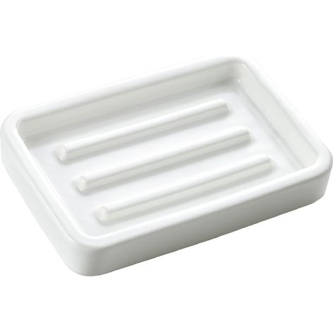 Jabonera rectangular de cerámica mate – ranuras texturizadas, diseño limpio – color blanco, apta para encimera/ducha/lavabo
