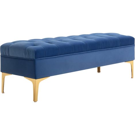 Banc capitonné avec assise en velours et piètement en métal doré, 118 x 45 x 42 cm, bleu (1/5)