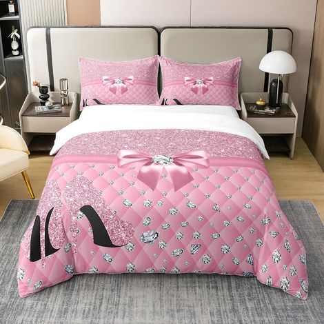 Glitter Diamond 100% Coton Housse de Couette 140x200cm Pastel Rose Parure de lit 100% Coton Enfants Ados Filles Talons Hauts fantastiques Literie Chambre à Coucher décoration Zip - 140 x 200 cm + 1 ta (1/5)