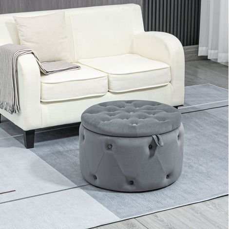 Pouf de rangement rond en velours gris Ø60 x 40 cm avec couvercle pour salon et chambre (1/5)