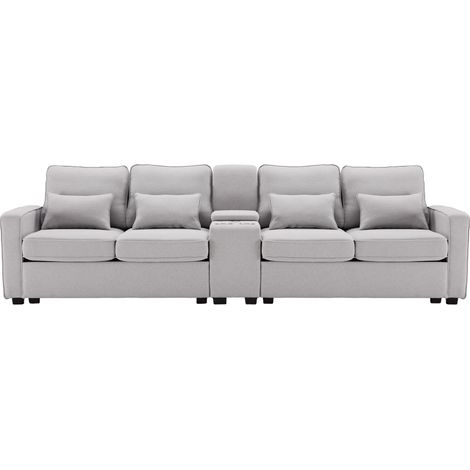 Canapé moderne 4 places en tissu lin avec console, porte-gobelets et ports USB (1/5)