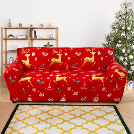 Housse de Canapé de Noël Extensible Rouge à Motifs de Rennes Dorés, Protecteur de Meubles Élastique pour Canapé 2 Places (Loveseat), Décoration Intérieure de Noël (1/4)