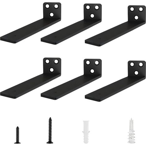 Lot de 6 supports d'étagère de 25 cm (noirs), supports d'étagère en L en acier massif industriel épais pour étagères Matériel d'étagères flottantes lourd inclus