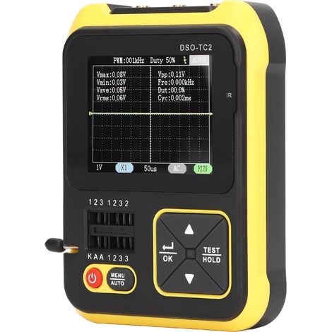 Oscilloscope numérique portable avec écran TFT 2,4 pouces et sonde P6100 pour le test des transistors et l'affichage des formes d'onde des signaux.