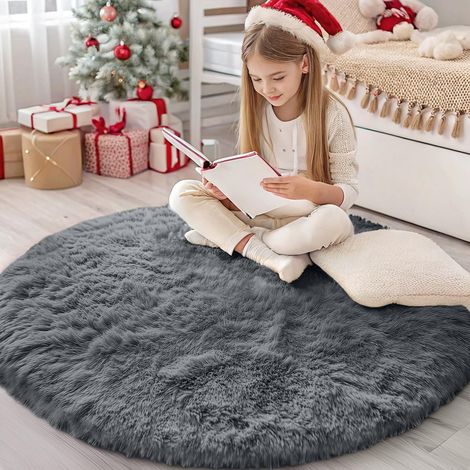 Tapis Moelleux à Poils Longs - Dessous antidérapant - Lavable - pour Le Salon, la Chambre d'enfant, la Chambre à Coucher - 200 cm Rond, Gris Foncé (1/5)