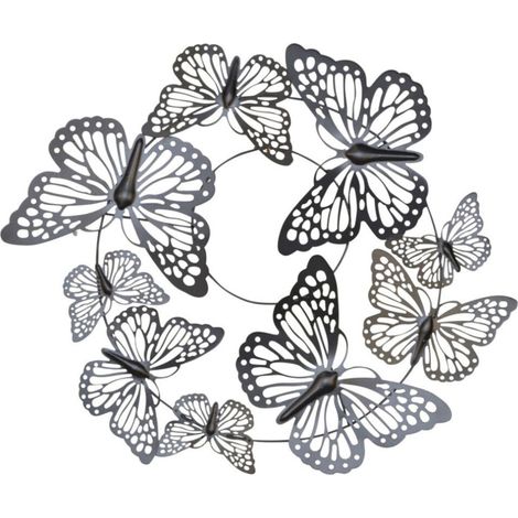 Objeto de decoración de pared para colgar en metal negro con estampado de mariposas 72x61x6 cm 050000487