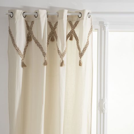 Atmosphera – Rideau à pompons en coton et jute Ficelle 140x260 cm – 8 œillets – Lavable en machine 30°C – Ambiance naturelle et bohème (1/3)