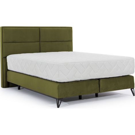 Lit continental tissu vert olive Tiempo avec matelas 30cm en latex et pied métal noir-180x200 (1/5)