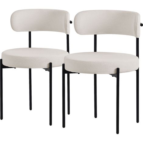 ML-Design Esszimmerstühle 2er Set, Küchenstuhl aus Teddystoff Weiß, Wohnzimmerstuhl mit Rückenlehne, Polsterstühle mit schwarzen Metallbeinen, Loungesessel ergonomisch, Stühle für Esszimmer/Wohnzimmer