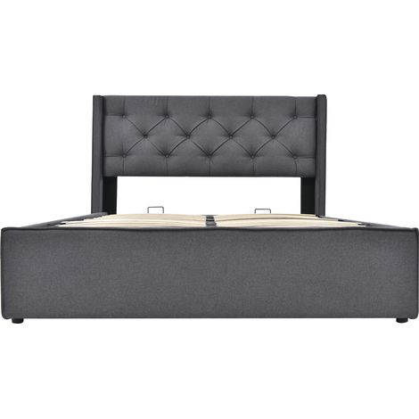 Cama baúl capitoné 140x200 cm con somier de láminas de metal y madera, gris, MODENUIT (1/5)