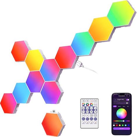 Lampe décorative intelligente pour gamers - Lampe LED hexagonale - Lot de 12 - Applique murale RGB avec synchronisation musicale et contrôle via application - Idéale pour les configurations gaming - A