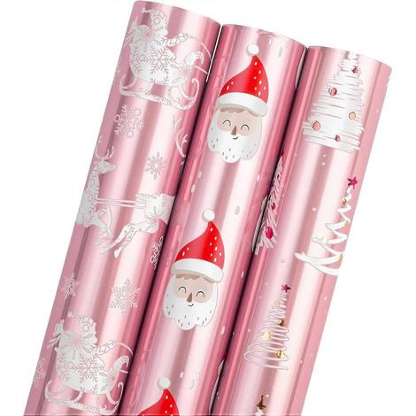 Rouleau de papier cadeau de Noël Wikadlik, 3 mini rouleaux, papier cadeau rose et blanc métallisé, motif sapin de Noël/Père Noël/renne/traîneau (1/5)