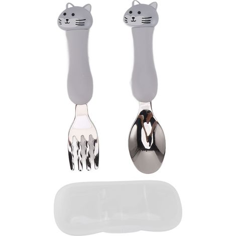 Cuillère Fourchette Bébé en Acier Inoxydable avec Manche PP, Design Mignon pour Enfants et Chatons (1/5)