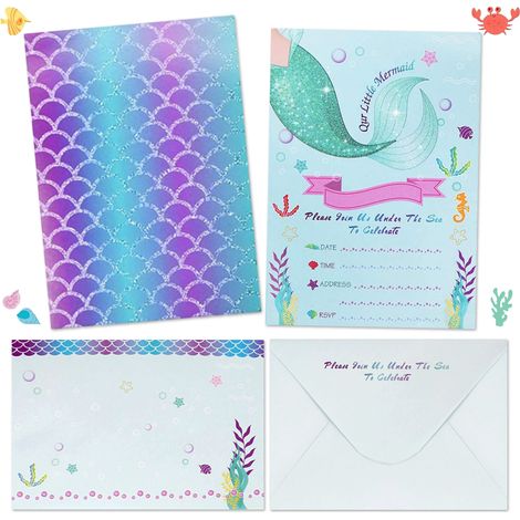 12pcs Sparkling Pink Mermaid Party Invitation Card+12 Envelopes