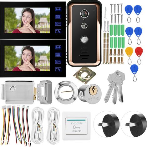 Interphone vidéo filaire 2 moniteurs RFID caméra IR 7 pouces avec serrure électrique 100-240V (AU) (1/5)