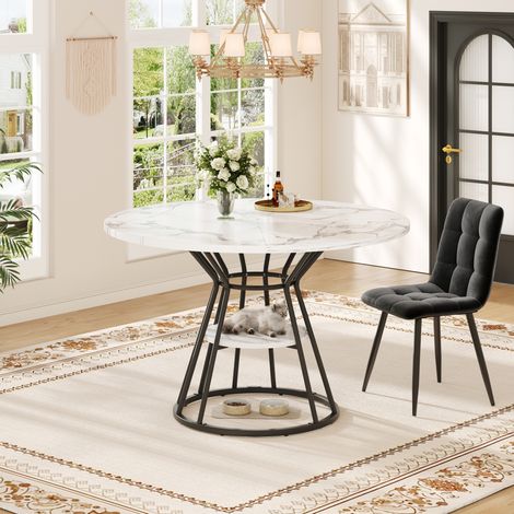 Tavolo da pranzo rotondo 100x100x76 cm nero in MDF e metallo con ripiano e piedini regolabili (1/5)